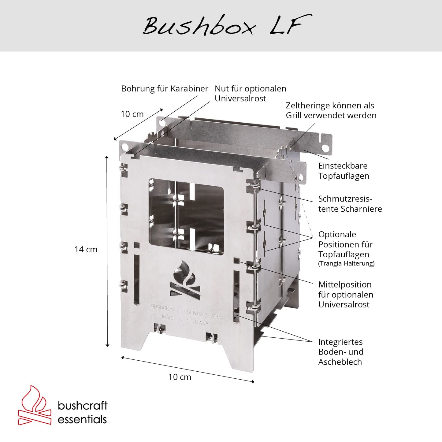 BUSHBOX LF outdoor stove | hobo stove | camping | wood | gas | alcohol | foldable | compact | stainless steel | 100% Made in Germany.