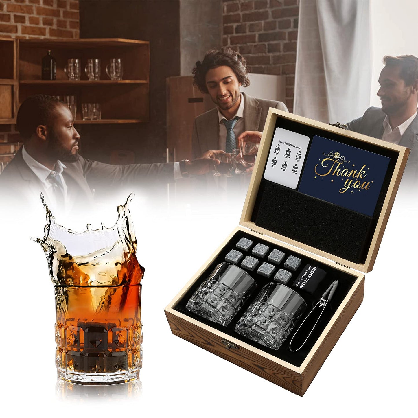 Whiskey Stones Whiskey Glasses, 2 glasses, 8 granite whiskey ice cubes, wooden gift box, gift for whiskey lovers/men/Christmas/birthday/Father's Day (310ml)