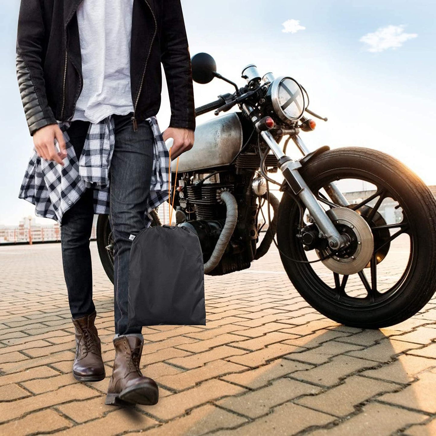 Motorcycle Cover Outdoor 300D Motorbike Cover Scooter Cover Waterproof Moped Garage with 5 Reflective Stripes and 2 Lock Holes, 2 Windproof Buckles, and 1 Pocket (XXL: 240x90x125cm)