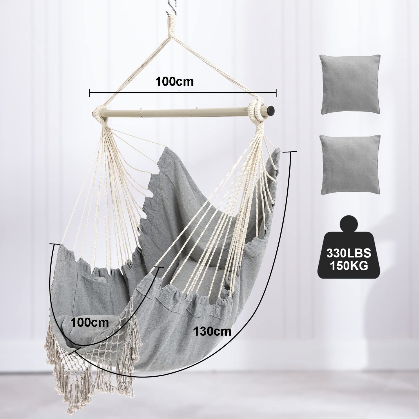 Hammock Chair Large hammock swing, 110 x 150cm Holds up to 150kg, Cotton hanging chair Hardwood spreader bar Wide seat swing chair