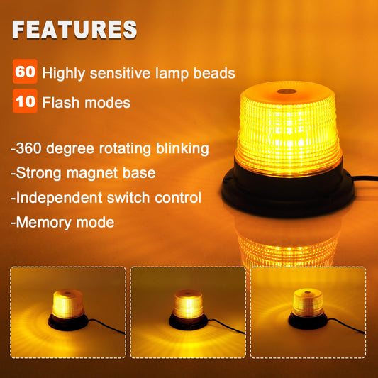 Antom Beacon Light, 12V-24V Yellow Beacon Light with 10 flash patterns. 60LEDs with magnetic base and 3 meters cable for forklifts, tractors, golf carts, trailers, and trucks. Upgrade now.