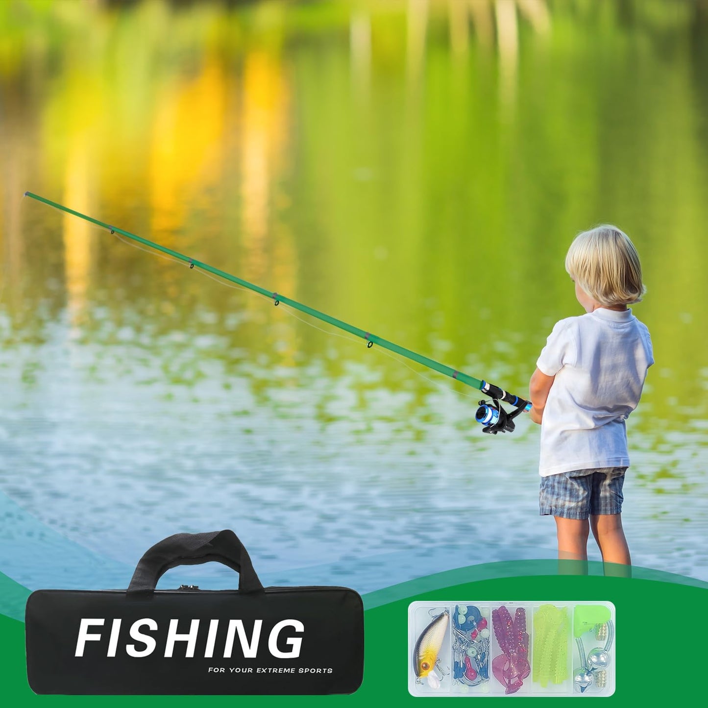 Kids fishing rod set, 1.8m beginner fishing rod for kids with reel and bait set, carbon fiber telescopic rod and reel, fishing gear for kids aged 3-10 (Green)