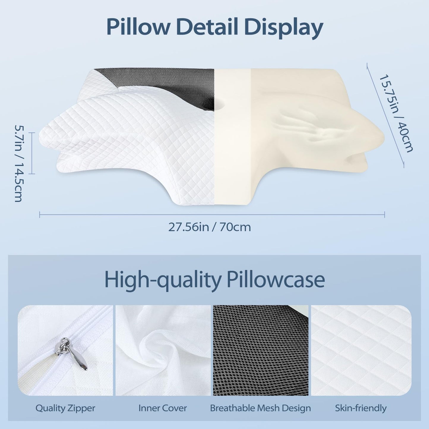 HOMCA Orthopedic Pillow Memory Foam Neck Support Pillow for Cervical Spine Ergonomic Pillow for Back, Side, and Stomach Sleepers, Black, 70 x 40 x 8.5/14cm