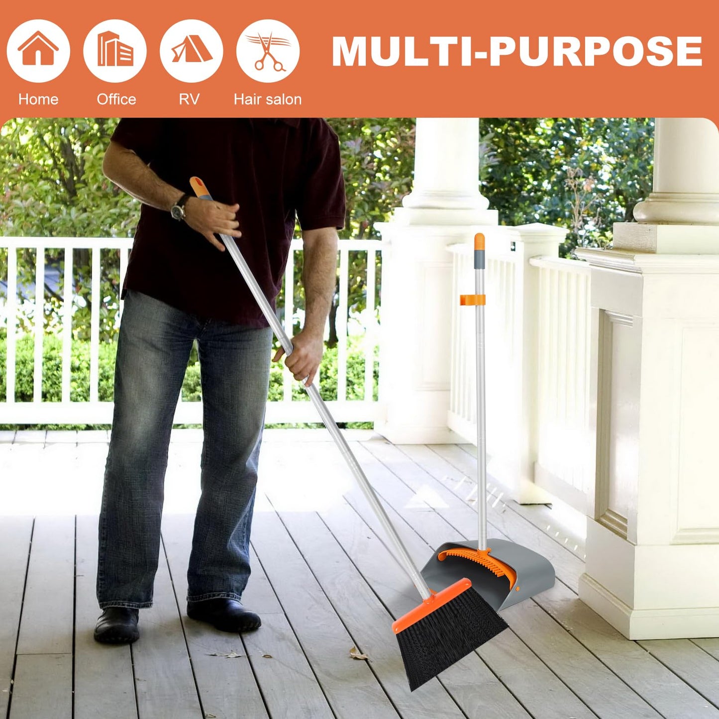 Jekayla Broom and Dustpan Set, broom and dustpan combo with 137cm long extendable handle for household cleaning, orange