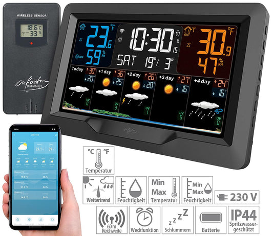 infactory WiFi Weather Station: Internet-operated wireless weather station with UV index and weather trend, outdoor sensor, and app (WiFi enabled with forecast, outdoor sensors).