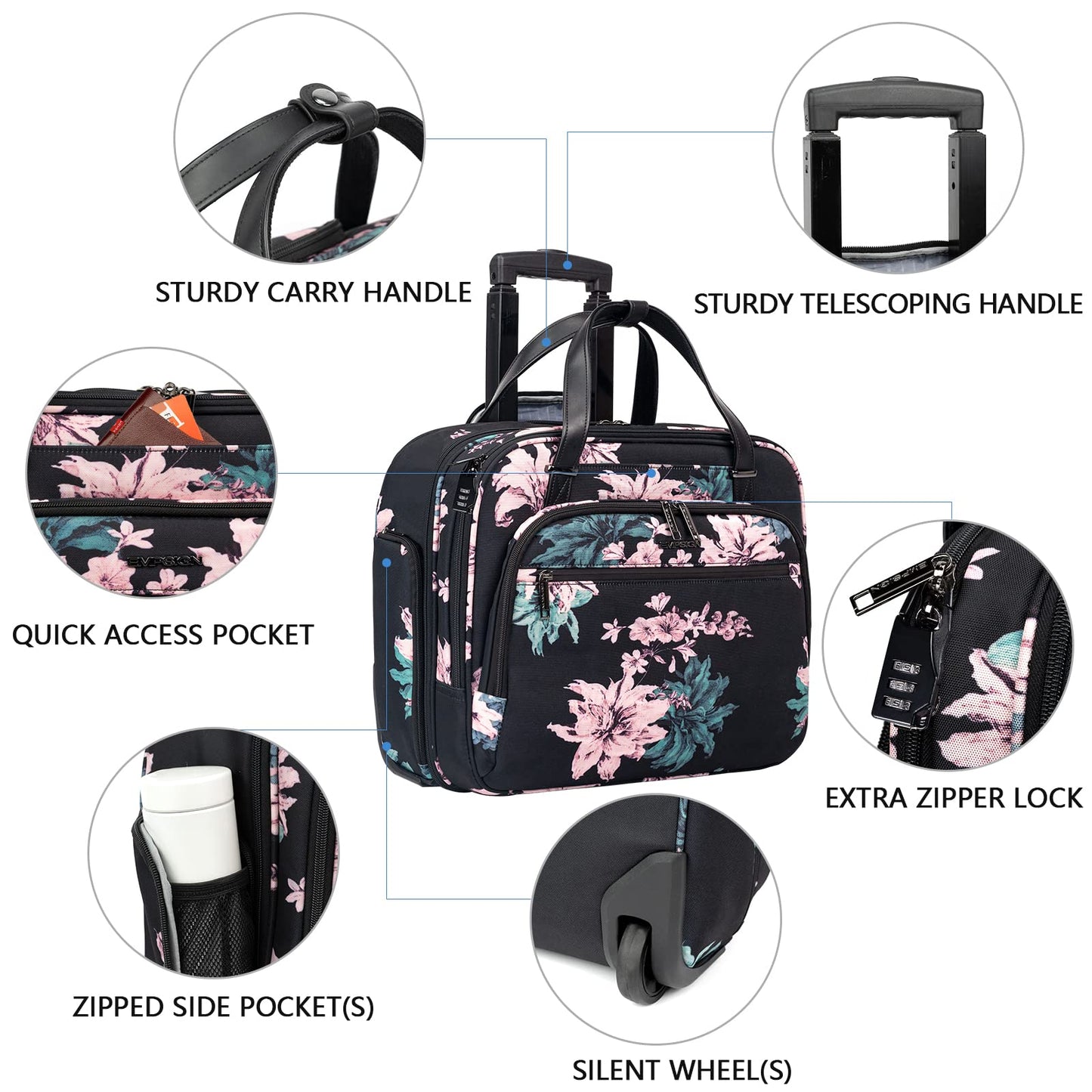 EMPSIGN Laptop Trolley Business Rolling Laptop Case with Wheels Up to 15.6 Inch Laptop Waterproof Briefcase for Travel/School/Men/Women