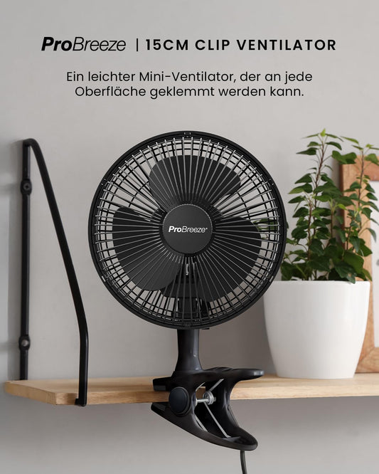 Pro Breeze Mini Fan with Clip, 20cm diameter, 2 speed settings, sturdy clip - quiet fan, ideal as a table fan on the desk, for grow box, at home in the bedroom