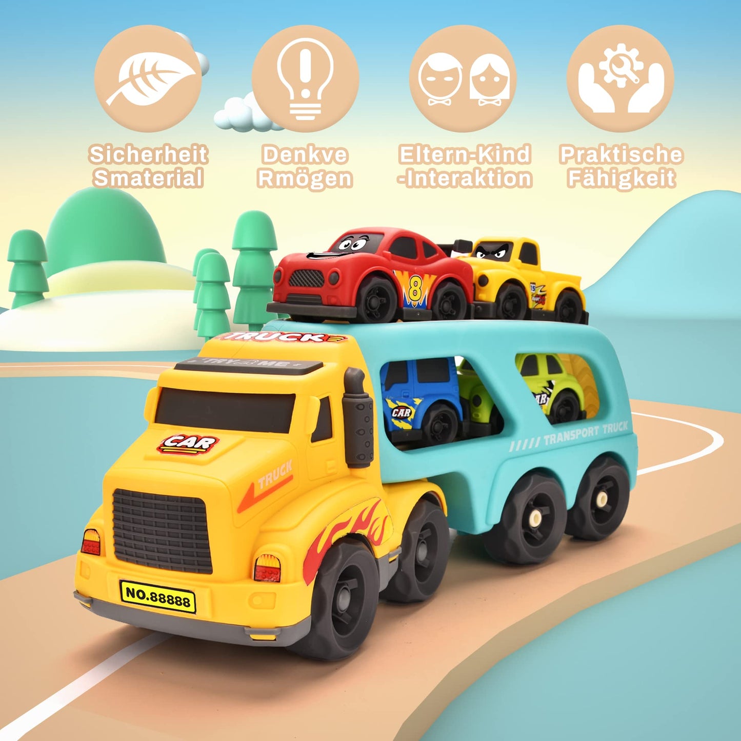 Doahurry 5-In-1 Car Carrier Toy, Cartoon Car Toy for 2-Year-Olds, With Light and Music Kid's Toy for 2-Year-Olds, Cars for 2-Year-Olds, Tractor Toy for 2-Year-Old Boys Girls Gift