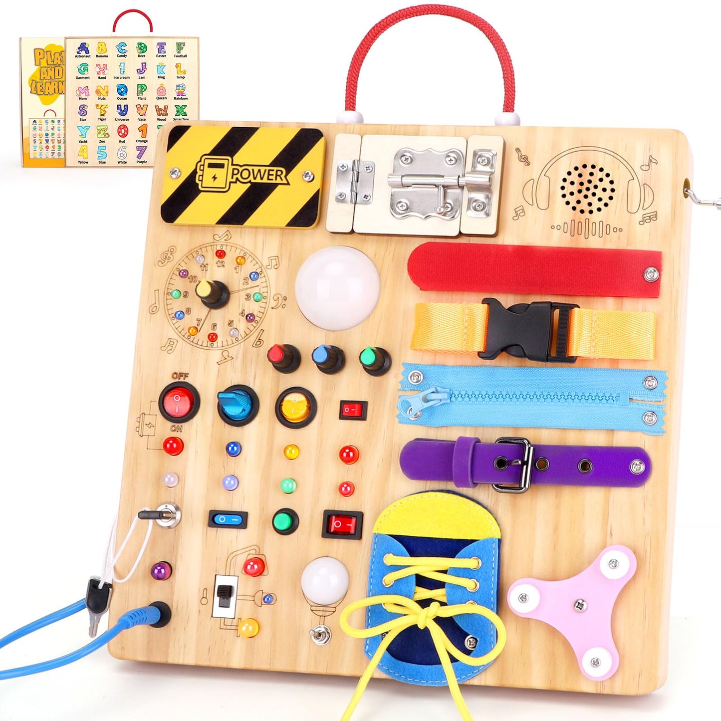 23 in 1 Busy Board Montessori toy from 1 year old Activity Board toy from 2 3 years old Wooden toy Sensory toy with 15 switches, 26 LED lights, music box, lock, zipper, shoelaces