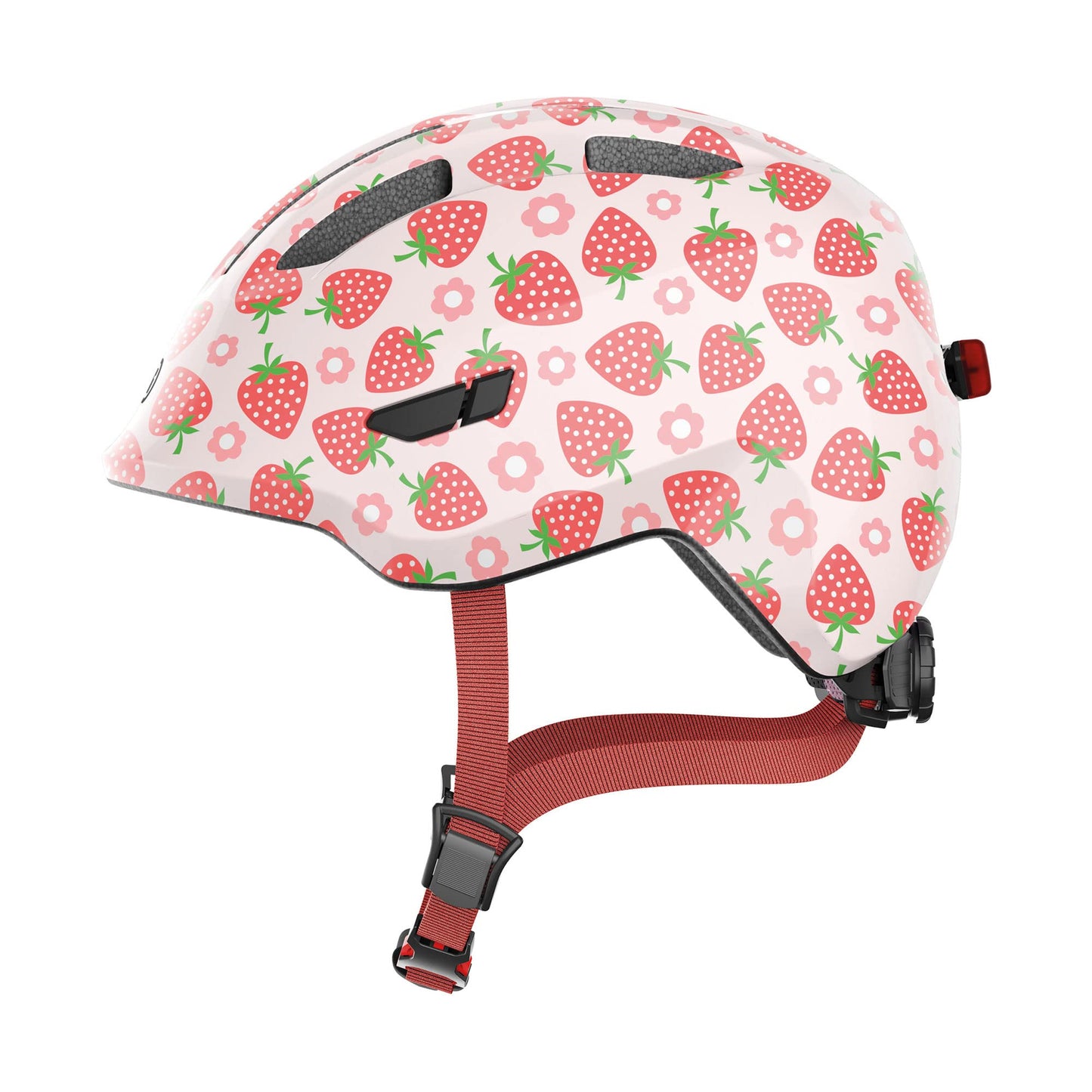 ABUS Kids Helmet Smiley 3.0 LED - Bike Helmet with Light - snug fit for ponytails - for girls and boys - Pink with Strawberry design, Size S, S (45-50 cm)