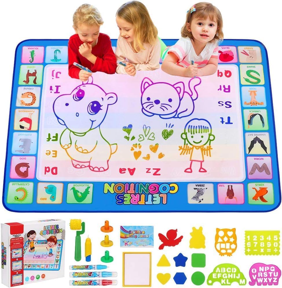 CGBOOM Water Doodle Mat, Painting mat 100 * 78cm XL Aqua Drawing Painting Mat, Mat with Water Pen Tools Stamp Accessories for Toddler 1,2,3,4,5,6 years