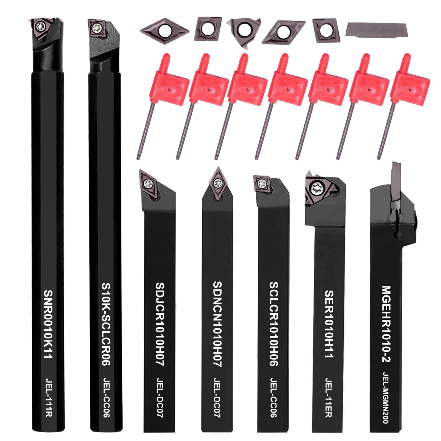 21 piece indexable turning tool set with boring bar, turning tool, and turning tool holder. Includes 7 turning tool holders, 7 carbide inserts, and 7 wrenches (10 mm).