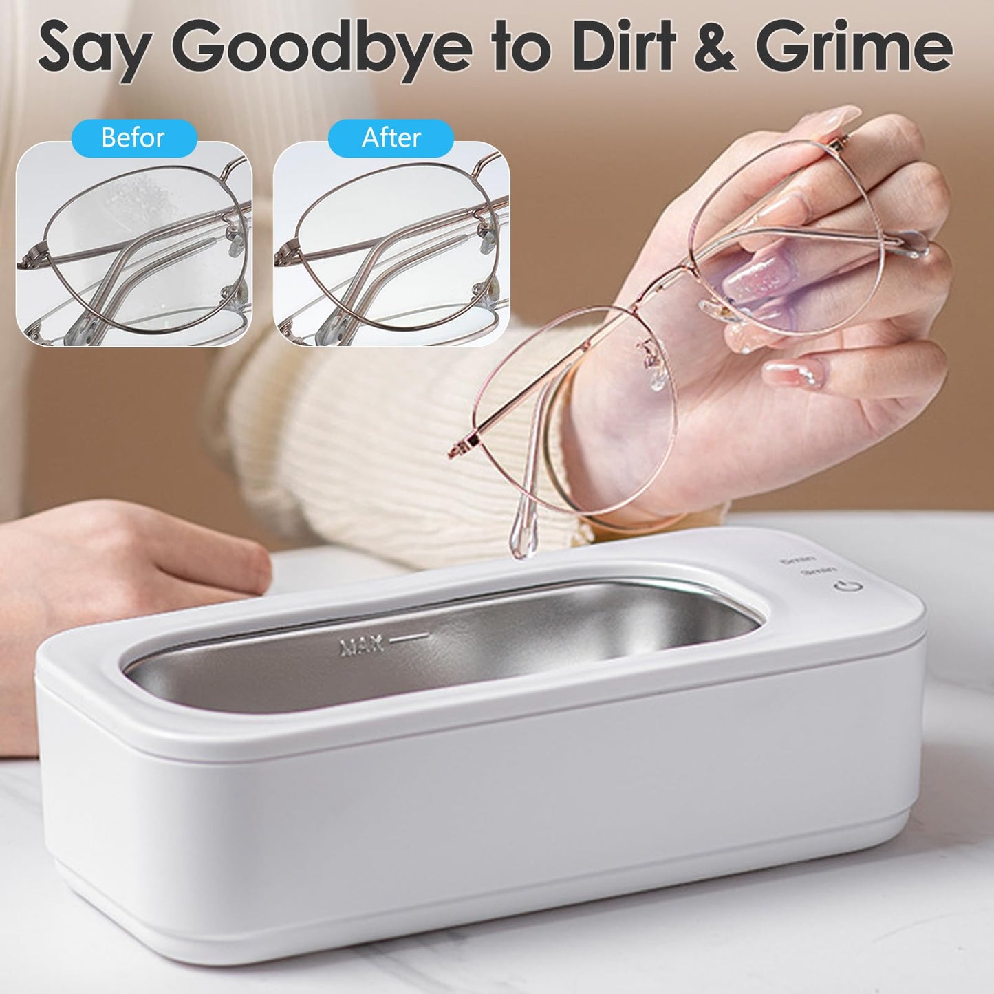 Anluomania Ultrasonic Cleaning Machine, 47000Hz Ultrasonic Device, 350ML Ultrasonic Cleaner, Glasses Cleaning Device, Ultrasonic Cleaner with 2 Modes for Glasses Dentures Jewelry Rings Coins Necklaces.