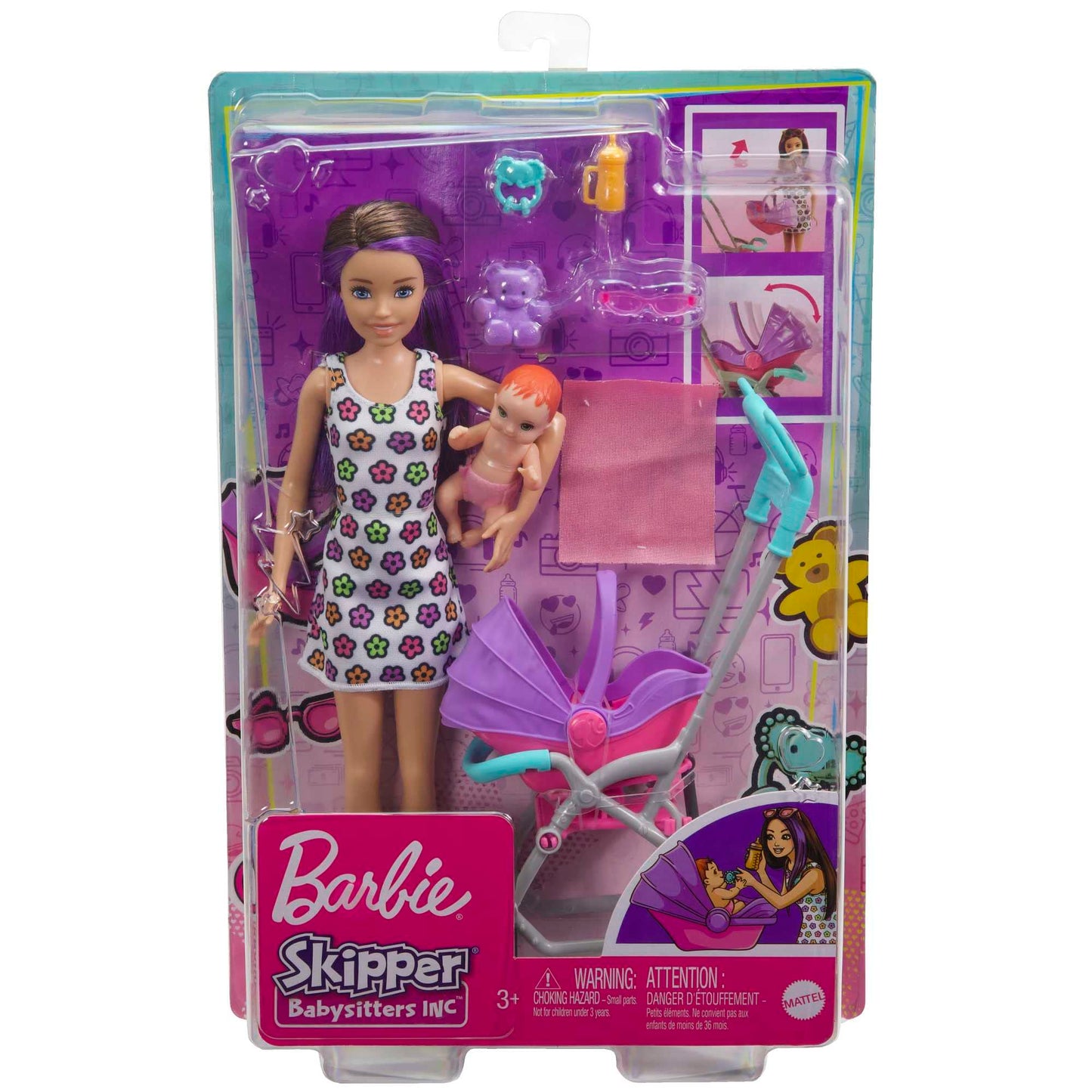 Barbie Skipper Babysitter Inc, Skipper with brown and purple hair, baby, stroller, baby carrier, accessories, total of 2 dolls, gift for kids, toy for ages 3+, GXT34