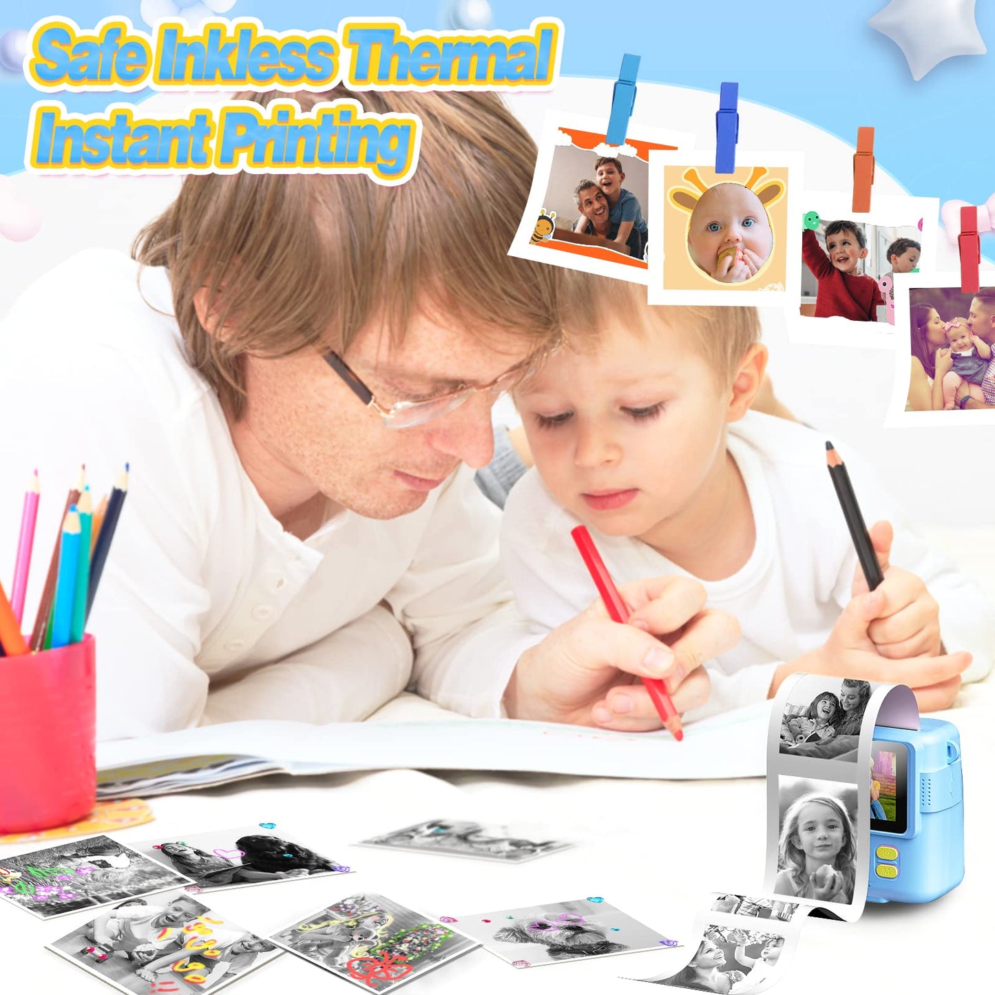 Children's Camera - Instant Camera Digital Camera Print 1080P - 16x Digital Zoom 2.4" Screen - 32GB Card - 3 Rolls of Printing Paper - with Storage Bag Christmas Gift for Children 3-12 Years old