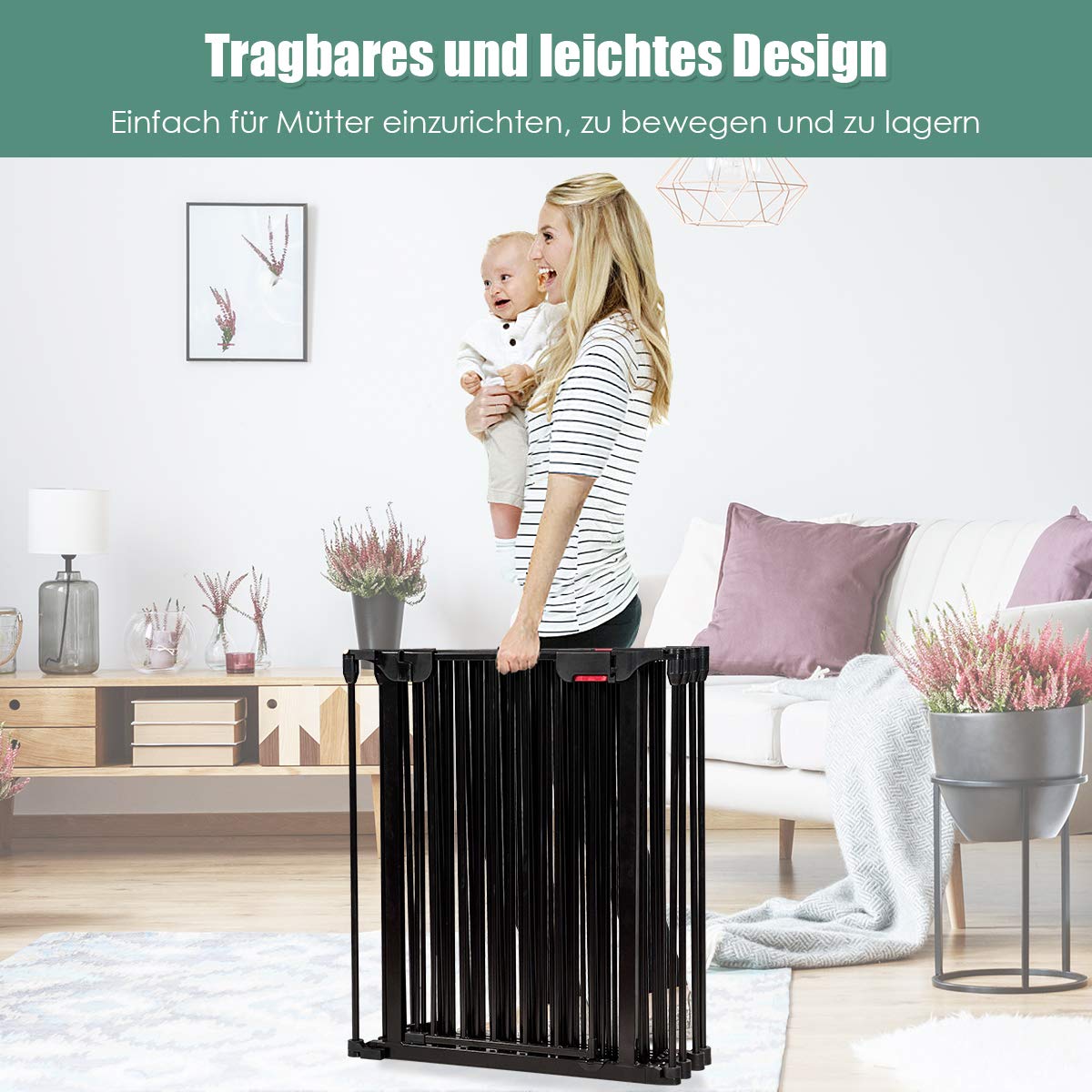COSTWAY Baby Fireplace Safety Gate foldable, incl. 8 panels, 480 x 74 cm, playpen with safety door, fire guard with wall mounting, metal configuration gate, barrier gate (Black)