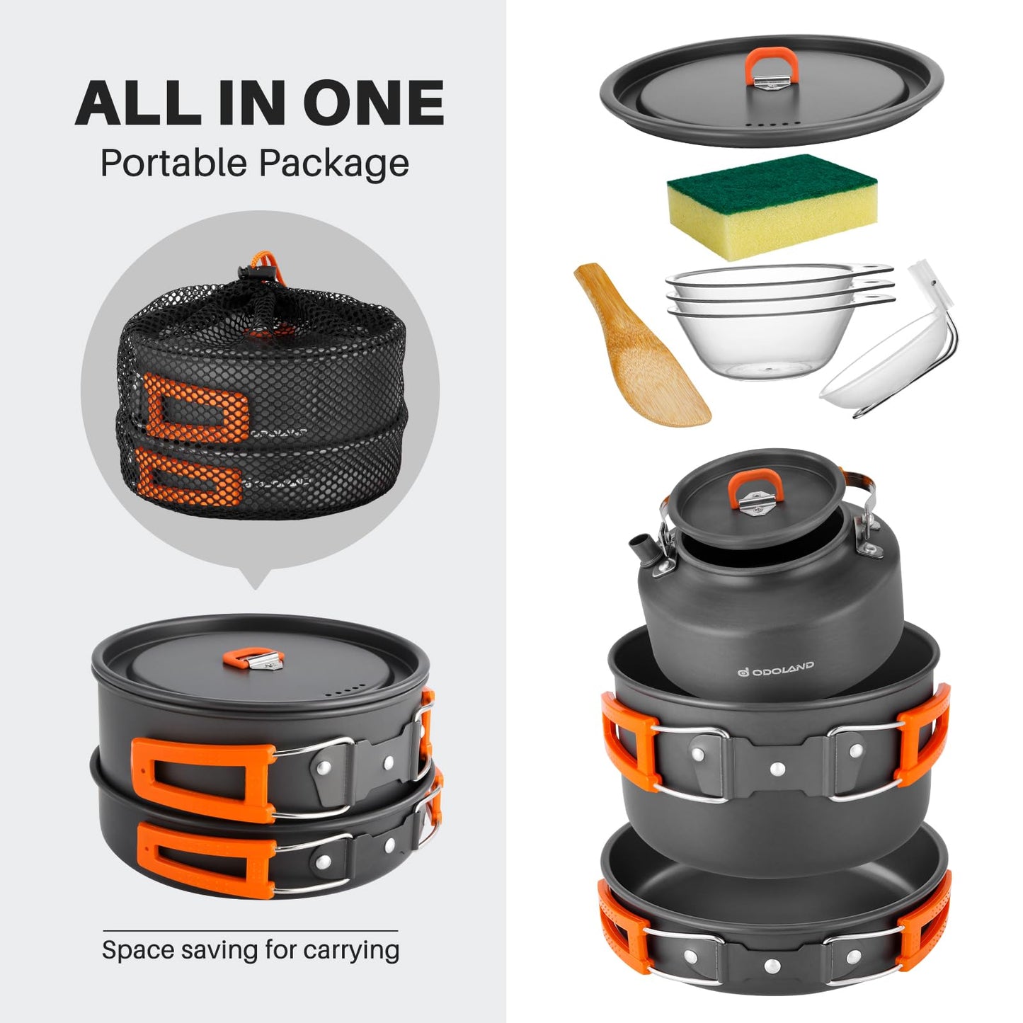 Odoland Camping Cookware Set, 10-piece outdoor dish set with camping pot 2.9L, camping frying pan 0.9L, and teapot 1.6L for camping, outdoor cooking, hiking, and traveling.