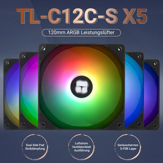 Thermalright TL-C12C-S X5 CPU fan, black fan, PC fan with 1550 RPM speed, 120mm computer case cooler, PWM control fan for case and liquid coolers, and CPU cooling.