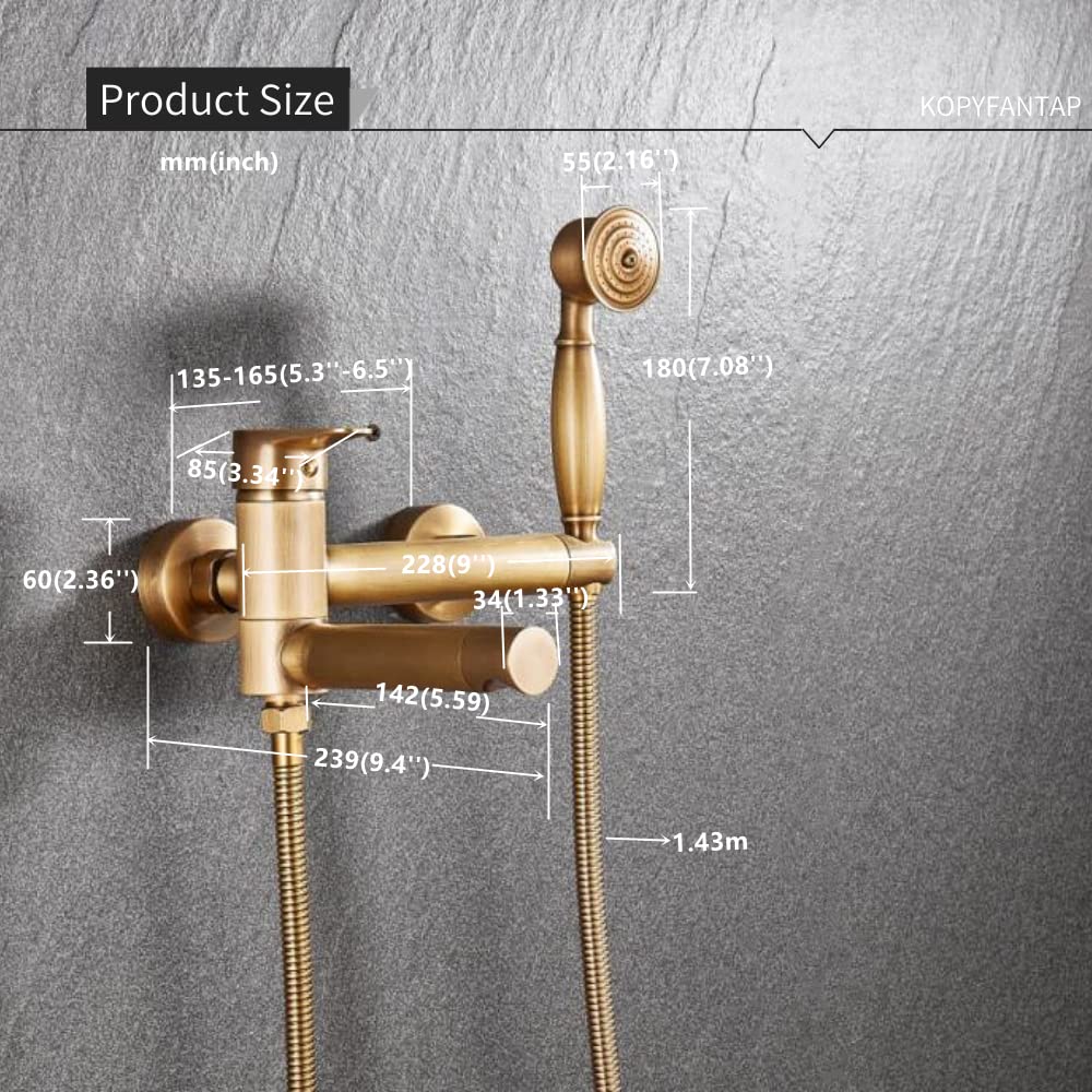 KOPYFANTAP Retro bathtub faucet with handheld shower brass antique, wall-mounted bathtub mixer tap shower set, 90° rotatable spout 15cm.