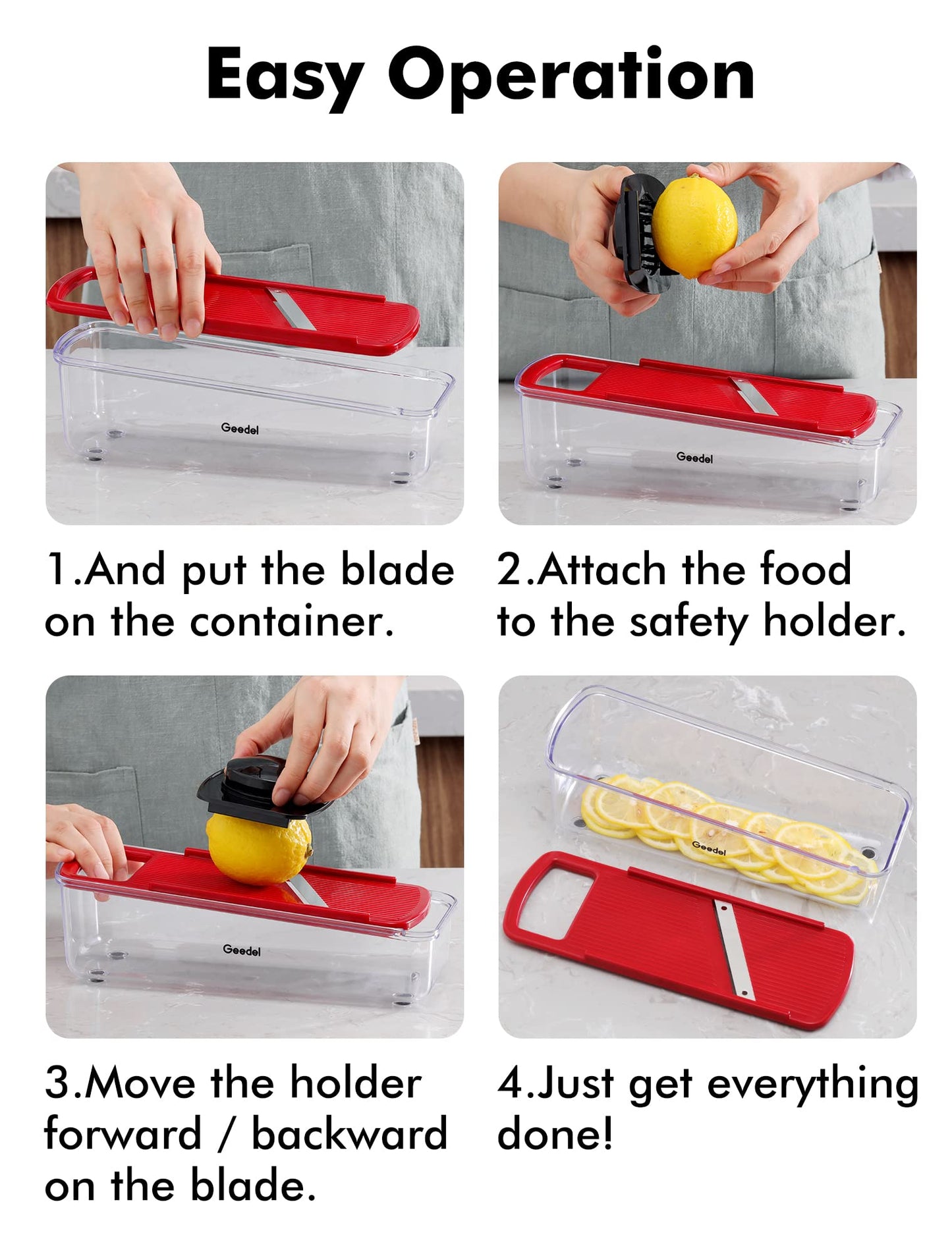 Geedel 4 in 1 Multifunction Mandoline Vegetable Slicer, Onion Cutter, Vegetable Chopper Manual Cheese Grater, Julienne Cutter Cucumber Slicer, Vegetable Grater Apple Grater Potato Slicer (Red)