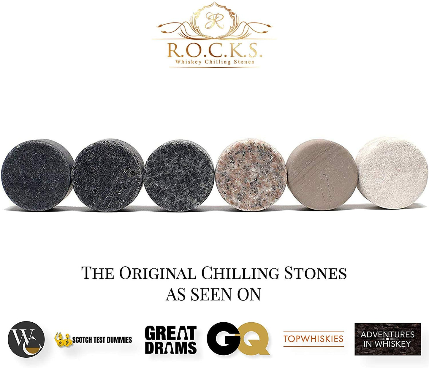 Whiskey Stones Set - 6 Handcrafted Round Granite Whiskey Stones - 2 Whiskey Glasses - Hardwood Presentation and Storage Board - Whiskey Gift Set Box with Gold Foil by Rocks