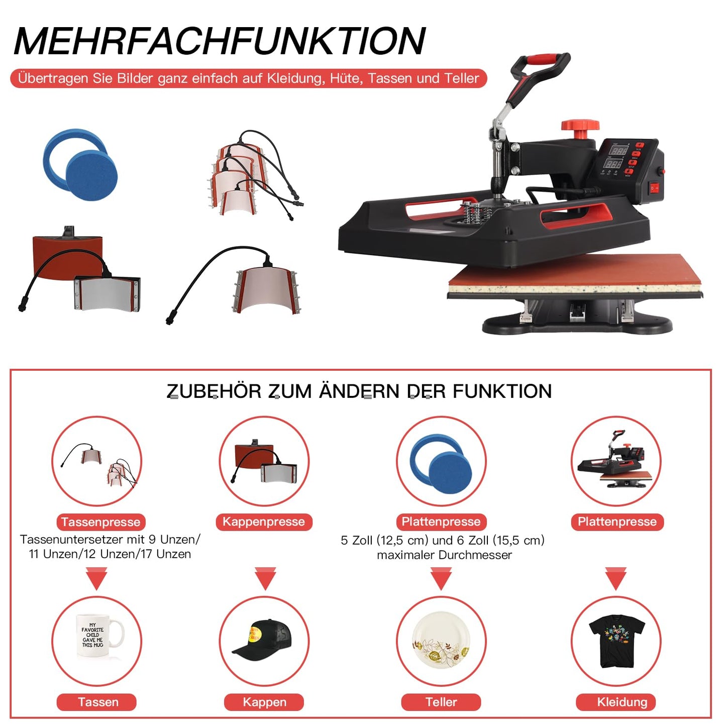 5 in 1 Heat Press Machine 38x38cm T-shirt Press Machine Heat Transfer Machine 360 Degree Rotatable DIY Heat Press with Digital LED Temperature and Time Controller.