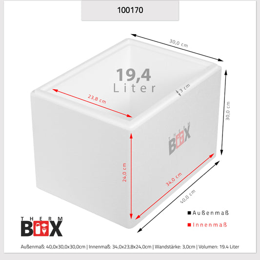 THERM-BOX Styrofoam box 19W Inside: 34x23x24cm Wall: 3cm Volume: 19.58L Insulated box Cooler box Insulated lunch box Reusable