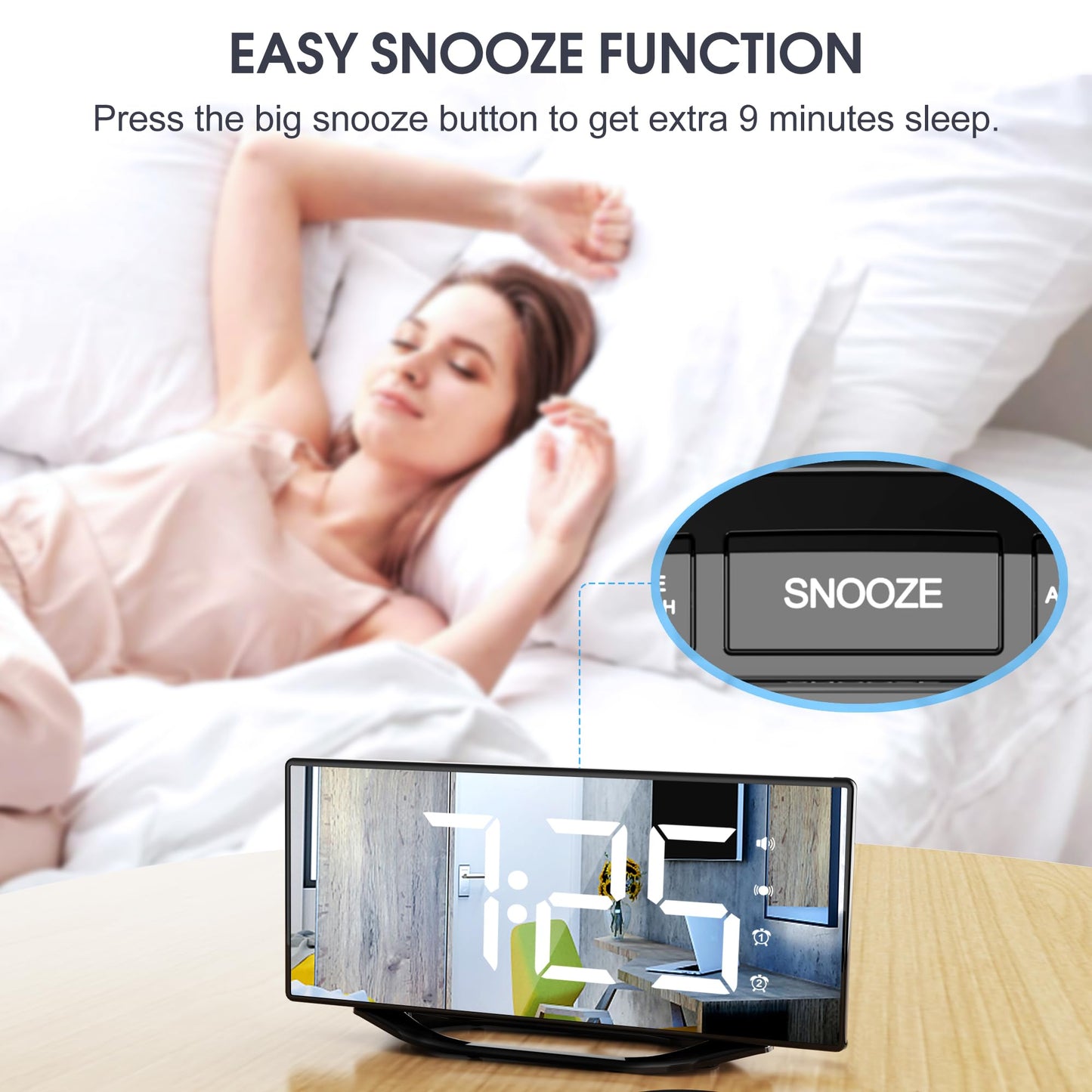 Loud alarm clock with bed shaker for heavy sleepers, digital dual alarm clock with vibration, 8.7'' LED mirror alarm clock for kids, teens, 7 volume levels and dimmer, battery backup, snooze, 12/24H-DST.