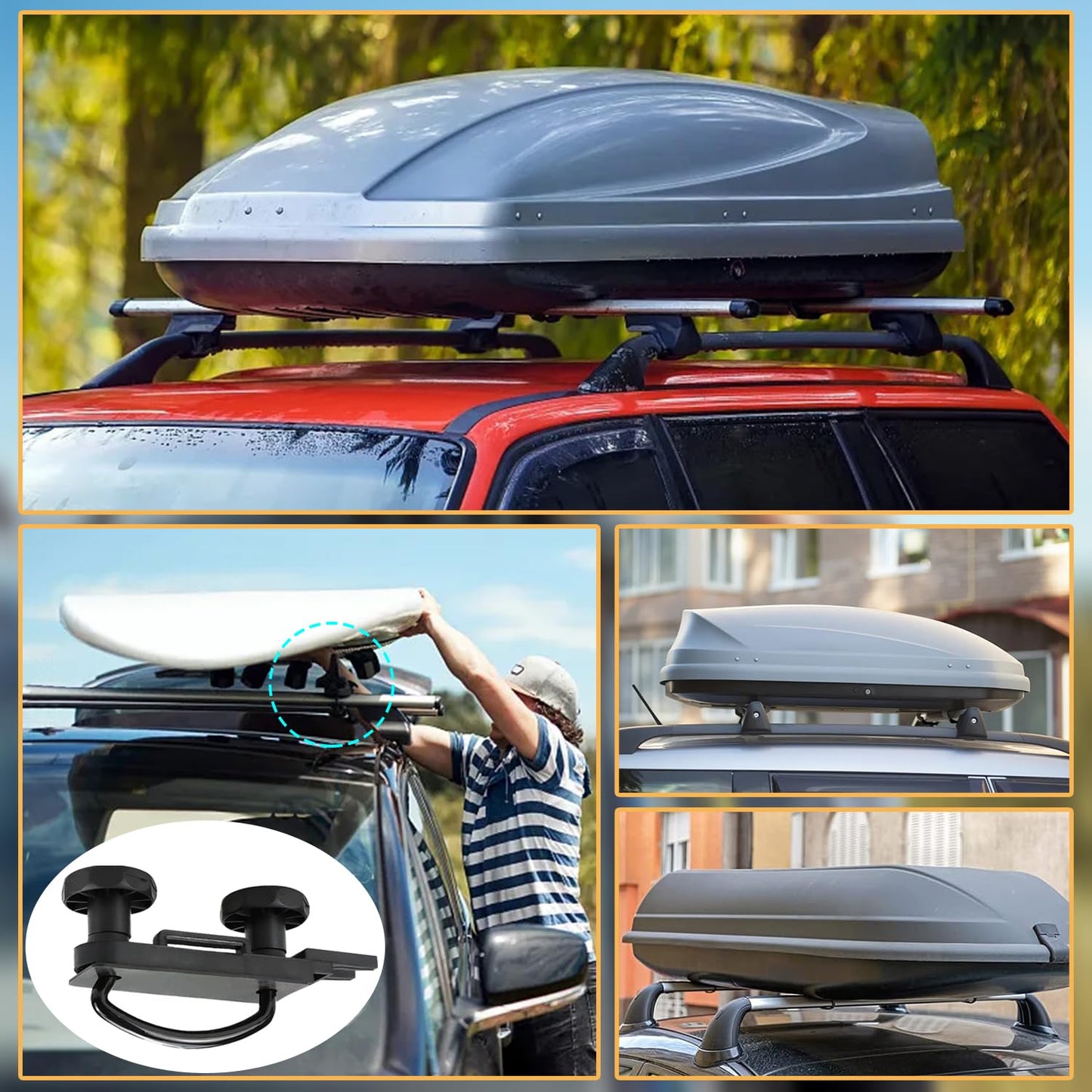 4 sentence roof box mounting U-bolts, universal car van mounting fitting kit, U-bolt clamps 85mm inner width installation accessory set with 8 locking nuts and 2 straps round adhesive stickers