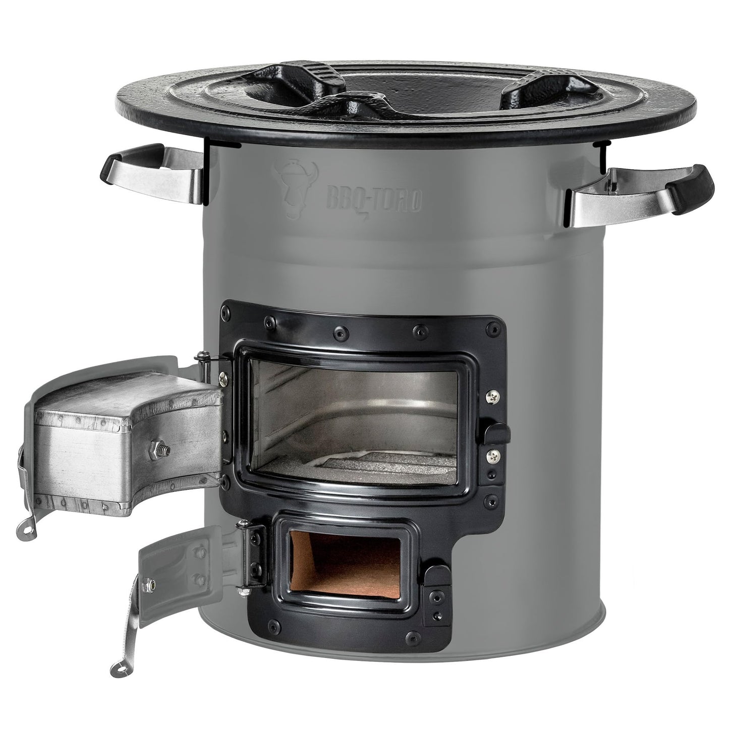 BBQ-Toro Rocket Stove ROCKET #2, Grey | Rocket Stove for Dutch Ovens, grill pans, and more | Rocket stove with firewood rack and air intakes | Fire pit for Dutch Ovens.