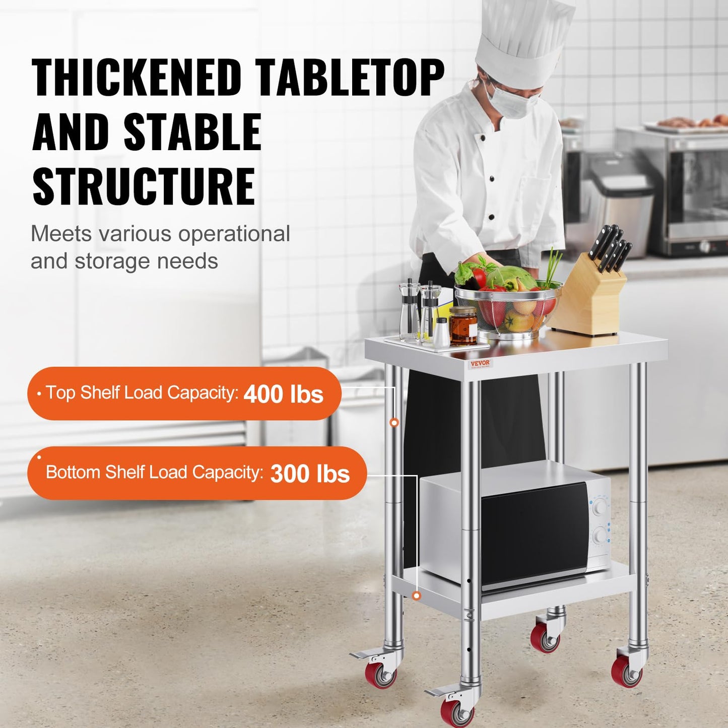 VEVOR Work Table 61 x 46 x 86 cm Stainless Steel Catering Work Table 100 kg Load Capacity Food Prep Table Commercial Kitchen Work Table for Kitchen Bar Restaurant 4 Adjustable Feet