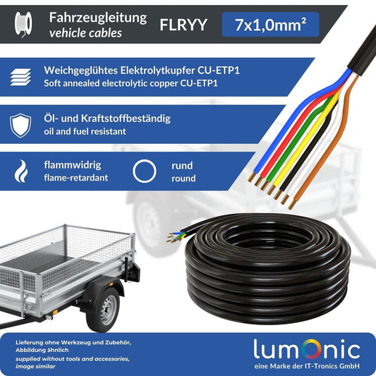 10m Lumonic 1m FLRYY vehicle cable 7x1mm² black | 7-core | trailer cable | multi-core automotive cable |Oil and fuel resistant, flame retardant | Low voltage