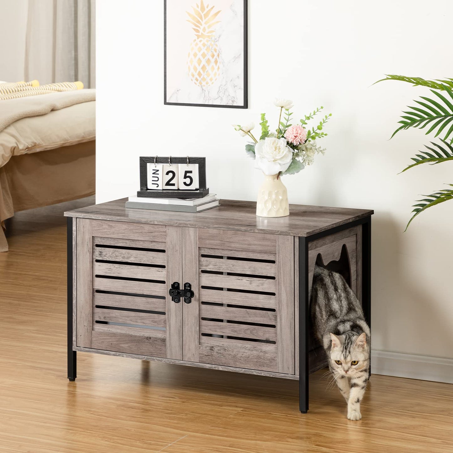 HOOBRO Cat Litter Box Cabinet, Cat Cabinet for Cat Toilet, Cat House Cat Furniture with Louvered Door, Pet Box with 4 Iron Feet, 80 x 45 x 50.5 cm, Greige EBG06MW01