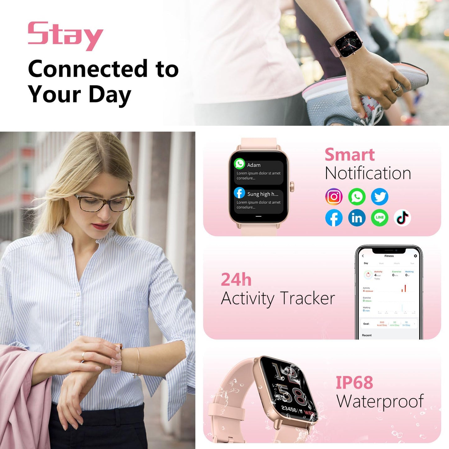 Loddery Smartwatch for women with phone function 1.85" touchscreen fitness watch with Alexa IP68 waterproof smart watch integrated pedometer heart rate monitor, message notifications, 100+ sports modes
