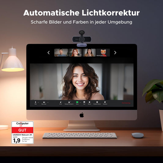 UGREEN Webcam 2K, USB A webcam with microphone, PC camera, fixed focus, 80° field of view, camera with privacy cover, automatic light correction, stereo sound, plug & play, PC camera for Windows/MacOS/Zoom/Skype.