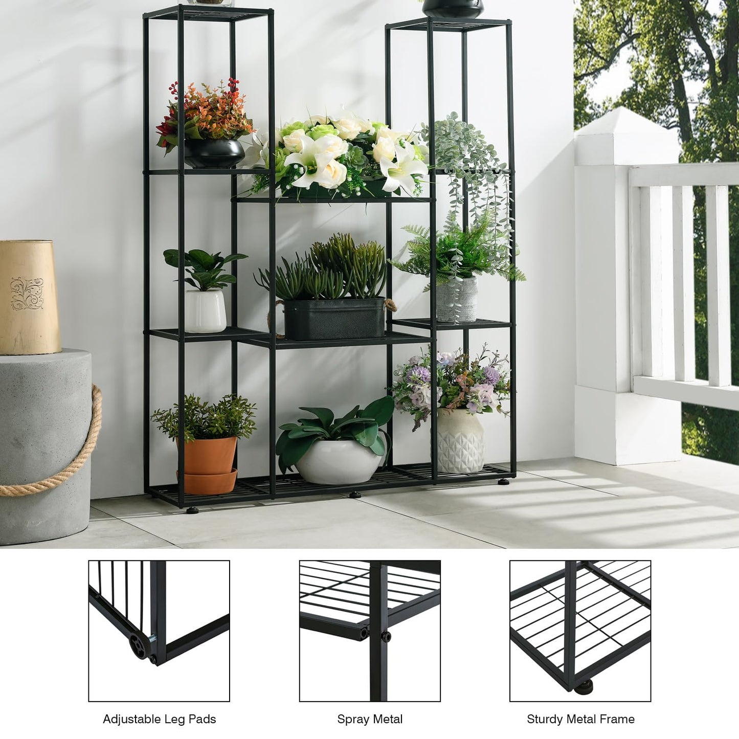 HUSFITLY metal flower rack, 4 tiers, 11 pots plant stand indoor outdoor, 120cm high waterproof flower stand, multi-tiered plant stand for garden balcony living room courtyard, black