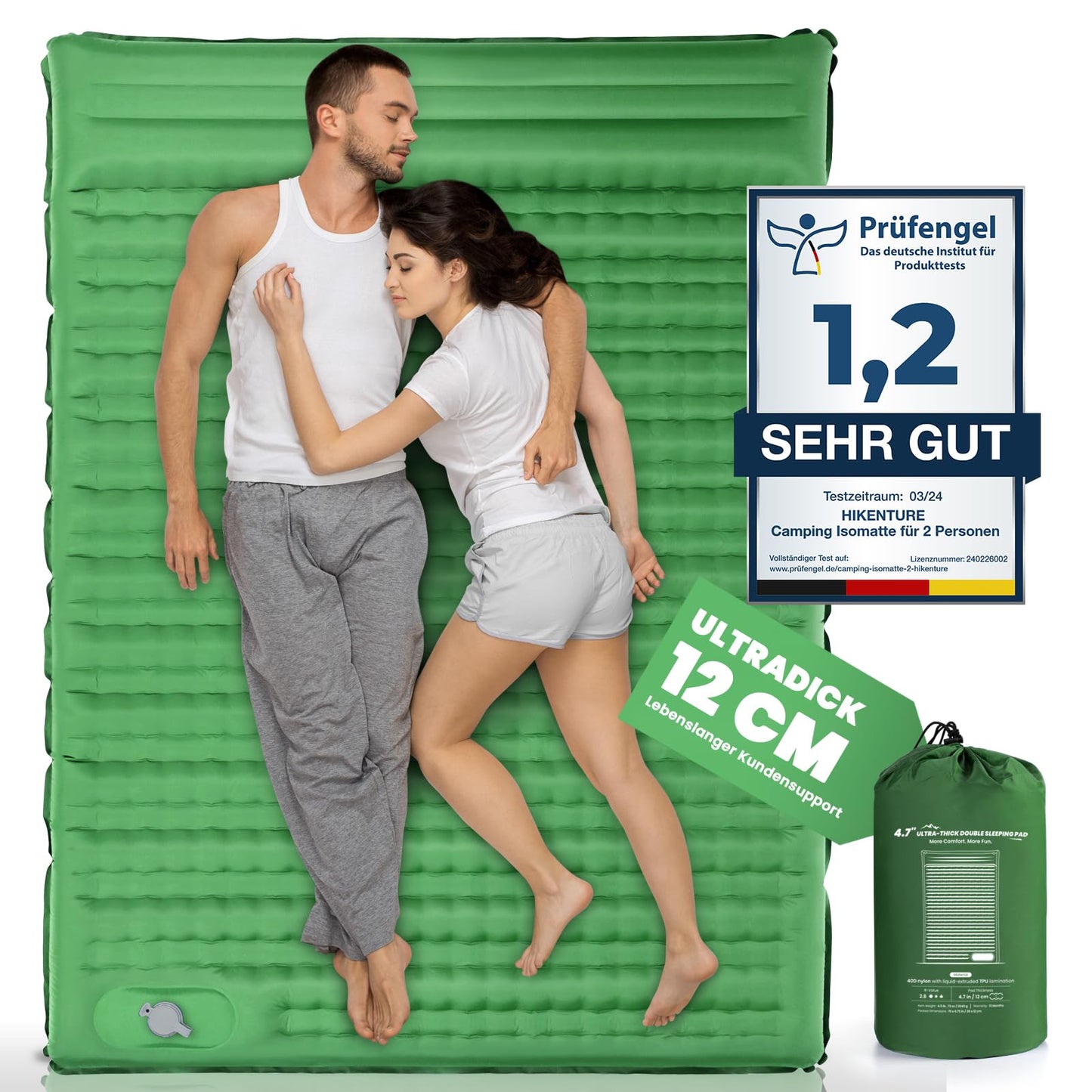 HIKENTURE Self-Inflating Sleeping Pad, 12CM Double Sleeping Mat Ultralight, Camping Mat for 2 People Inflatable, Sleeping Pad Air Mattress with Foot Pump for Tent, Hiking - Dark Green A3
