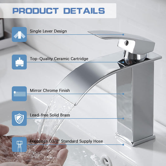 kisimixer waterfall bathroom faucet, sink faucet for bathroom, modern single handle mixer tap basin made of brass with spout height 115mm, basin mixer tap, chrome-plated