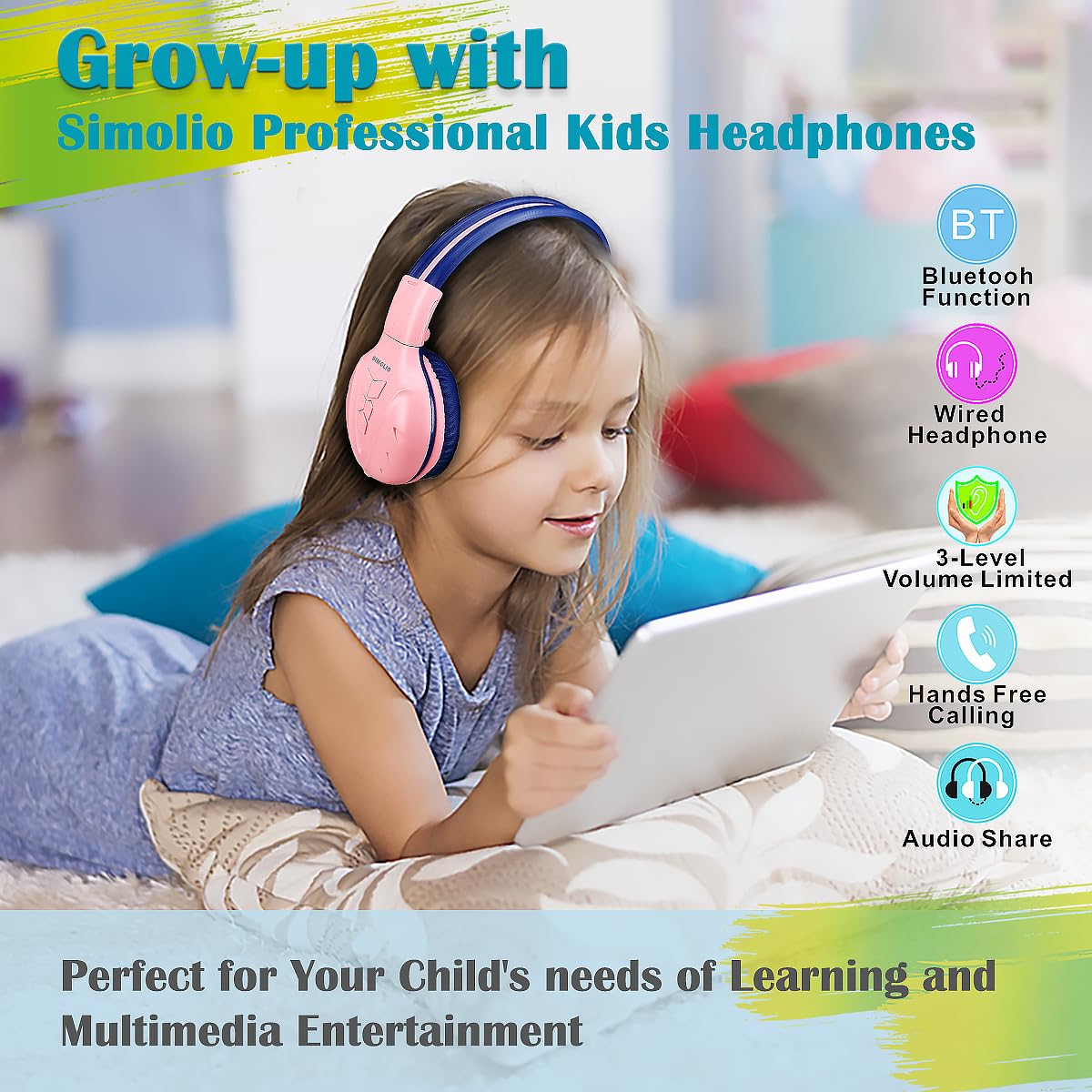 SIMOLIO 2 Pack Wireless Bluetooth Headphones for Kids with Hard Case and Share Port, Kid-friendly wireless headphones with Limited Volume, Over-Ear Wireless Headphones for Girls, Boys Mint+Pink