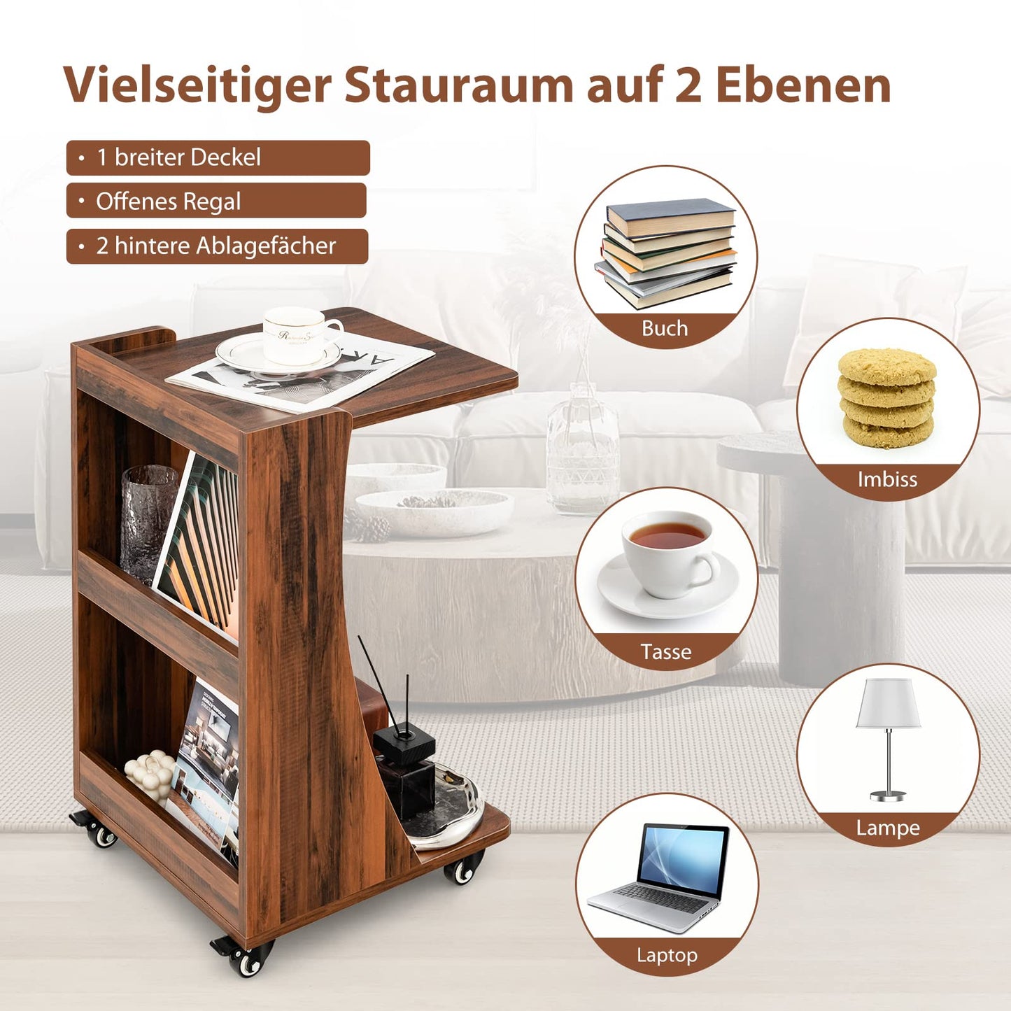 COSTWAY side table with wheels, mobile sofa table with 2 rear storage shelves, C-shape, coffee table for living room, bedroom, 42.5 x 38 x 67 cm, vintage brown.