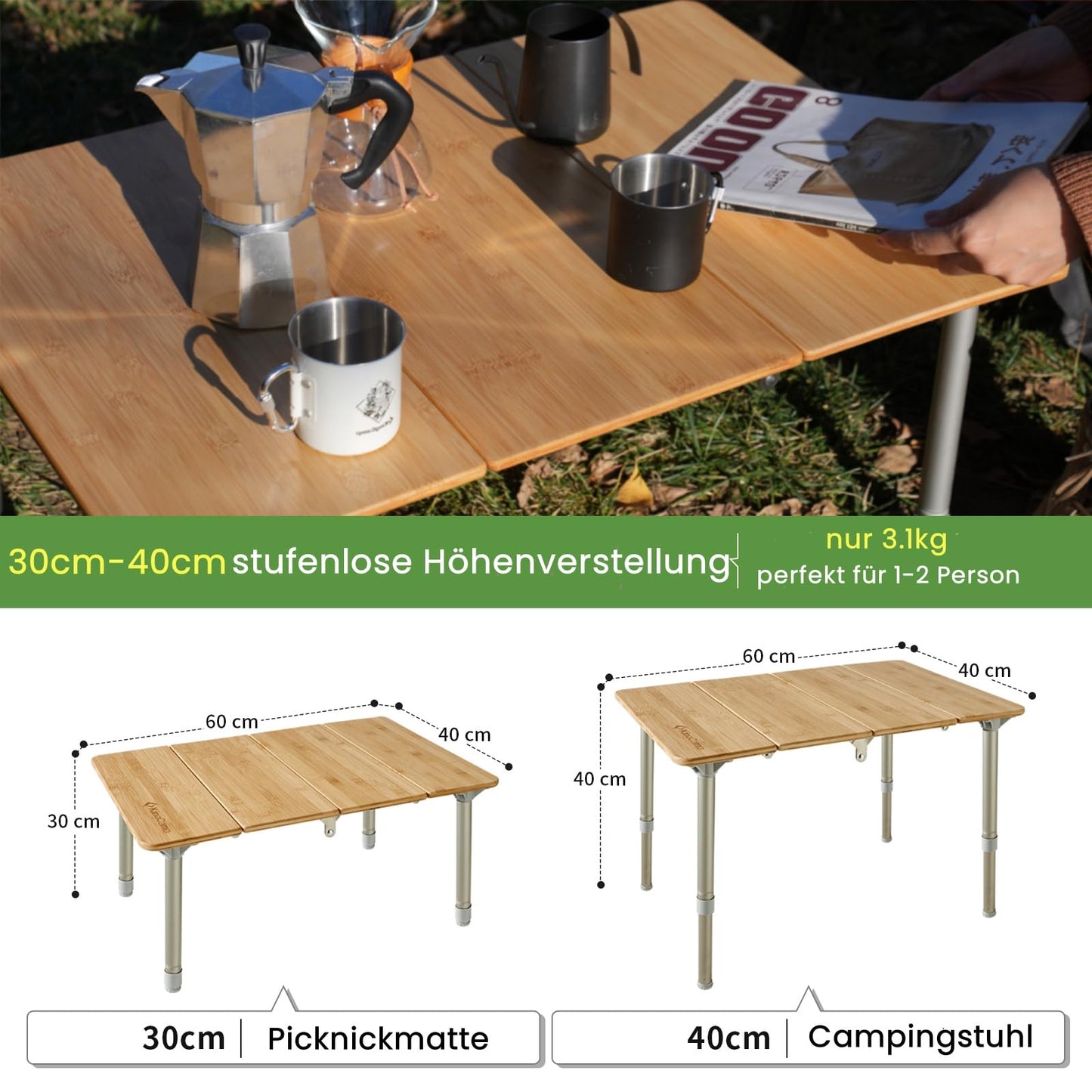 KingCamp Bamboo Camping Table Adjustable Folding Table for 1-2 People, Foldable Camping Table with 4 Folds and Carry Bag, Supports up to 80 kg, 60 x 40 cm, S-sized.