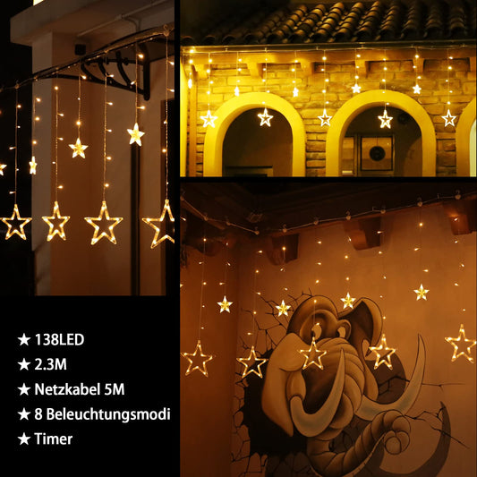 12 Star LED String Lights, Curtain Light Christmas Lights Star Curtain 138 LEDs 8 Modes for Indoor Outdoor, Christmas, Party, Decor, Wedding, Garden, Balcony