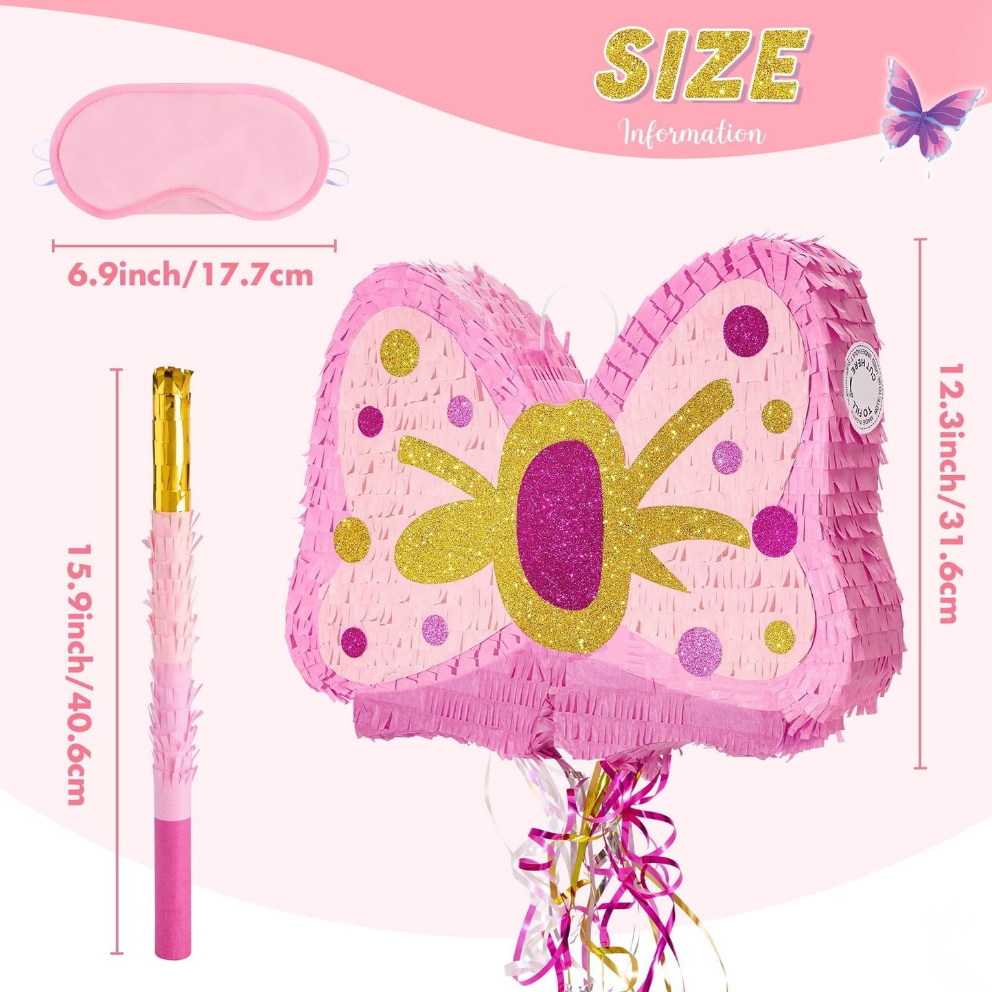 WERNNSAI Fly Piñata - Pink glitter fly piñata birthday party decor for girls kids piñata with stick and blindfold birthday party decor piñata with pull string accessories with princess theme