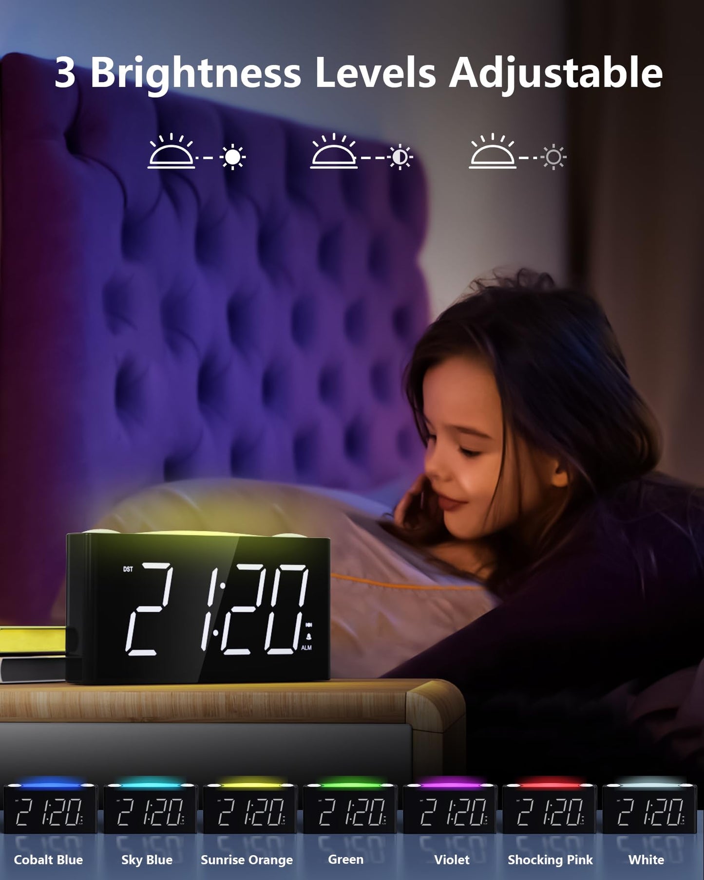 Alarm clock with vibration for deep sleepers & hearing impaired, Type C charger, 12/24 H, loud alarm with 7 ear-piercing levels, large LED display, dimmer, snooze, battery backup, digital alarm clock for bedroom.