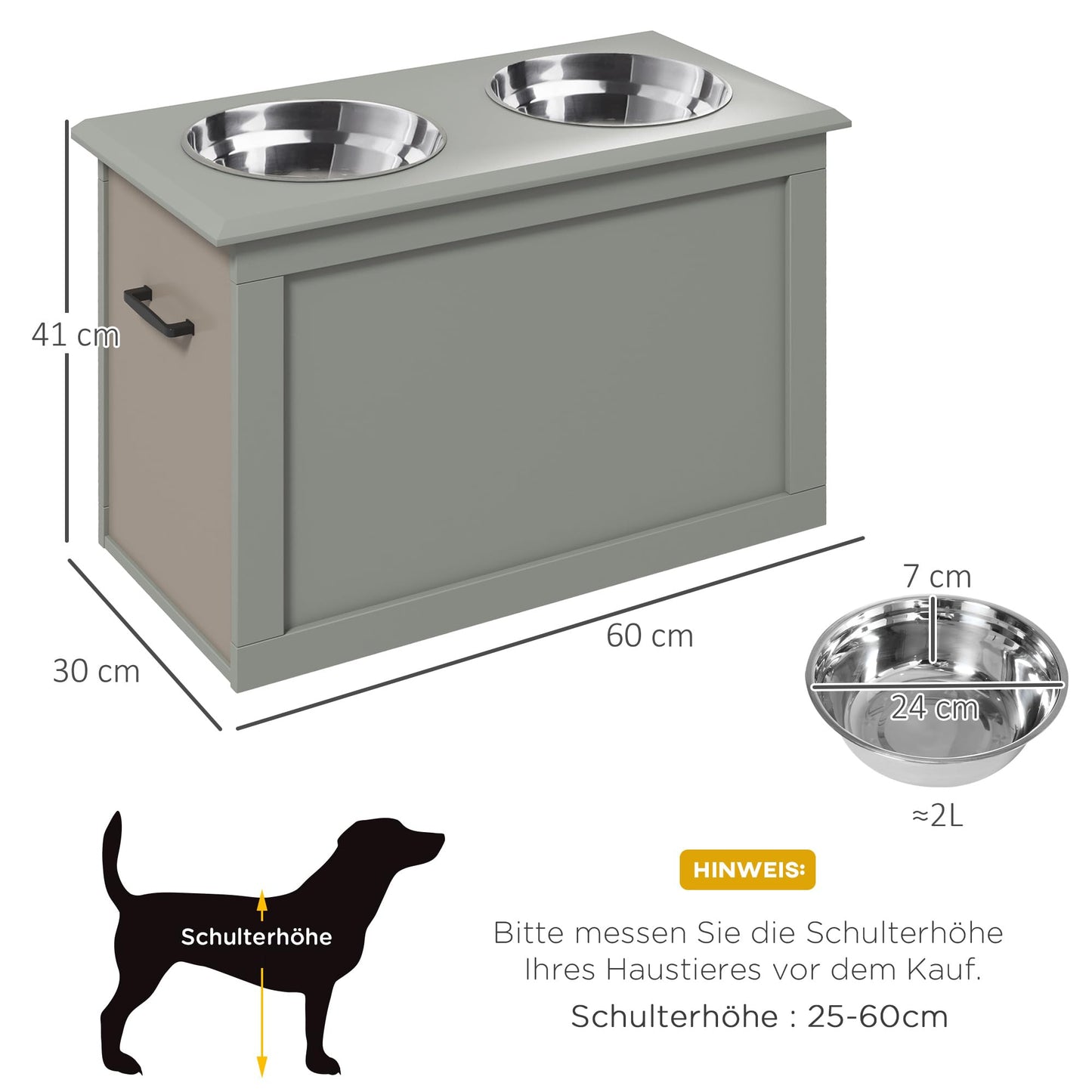 PawHut Raised Dog Bowl Feeder with Storage Compartment Water Bowl 2 x 2000ml Stainless Steel Bowls Dog Bowls Feeding Bowl Feeding Station for Dogs Cats Grey