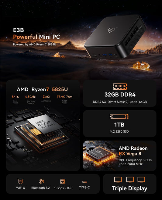 NiPoGi Mini PC 32GB DDR4 1TB SSD, AMD Ryzen 7 5825U (Up to 4.5GHz, 8C/16T) Micro Desktop Computer For Office/Home Theater/Meeting/Business/Trip【Wifi6/Bluetooth5.2/DP+HDMI+USB-C】