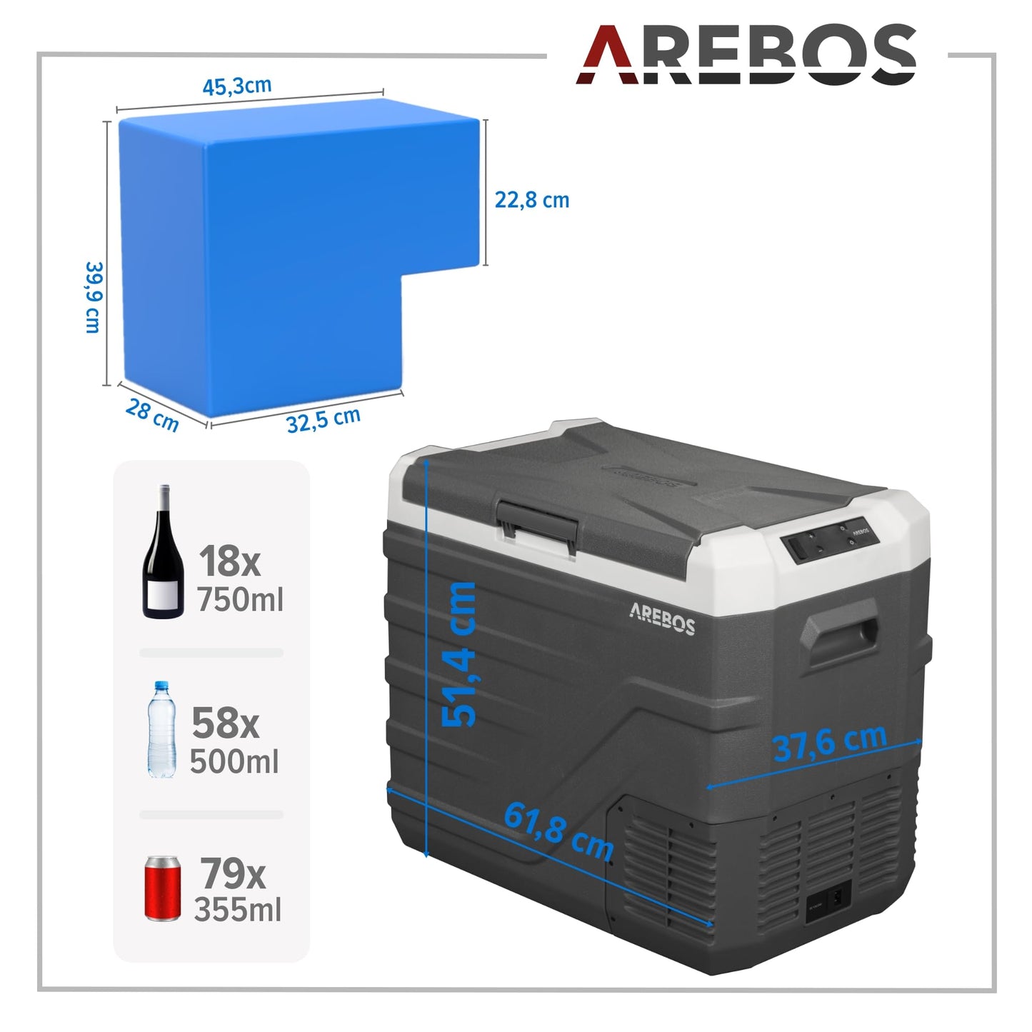 Arebos Compressor Cooler Box 43 Liters | Electric Freezer Box with APP & Smart Control | Mobile Cooling Chest with USB Connection | up to -20 °C | 12/24 V 230V | for Car, Truck, Camping, Boat, RV