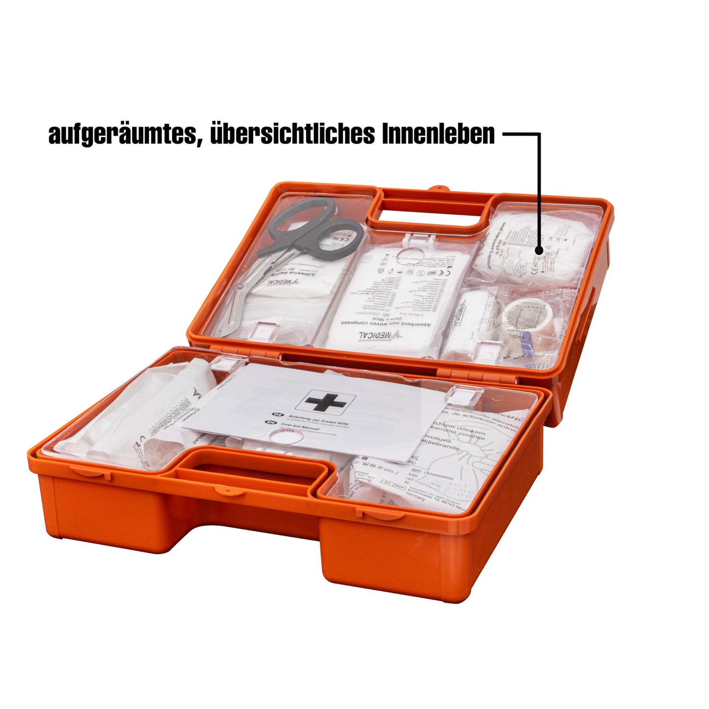 PETEX professional operating association case with content according to the new DIN 13169 including practical wall mount, 5 stickers, first aid kit, orange first aid kit for company, office, construction sites