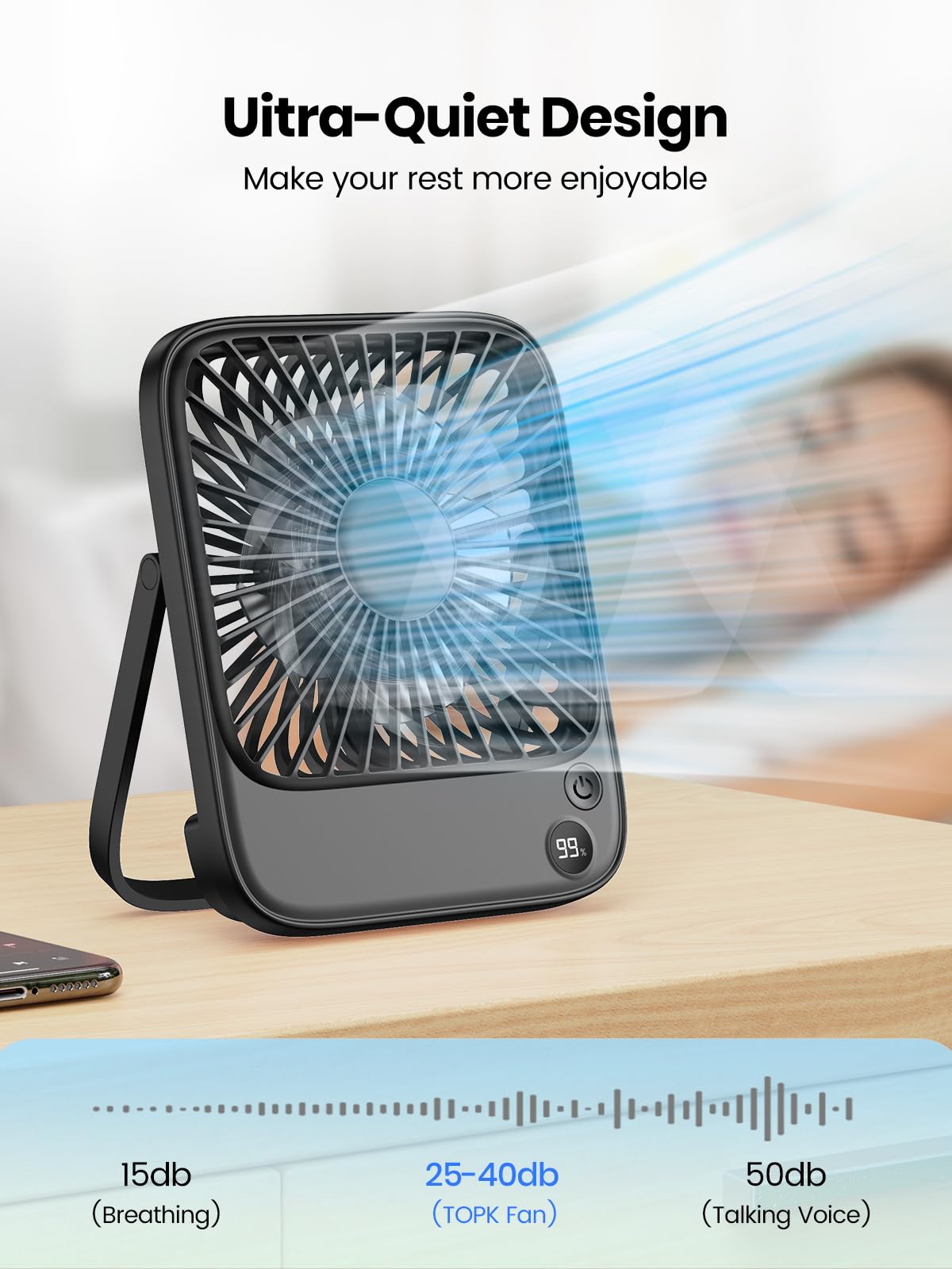 TOPK 5000mAh tabletop fan Quiet 2-Pack, Slim tabletop fan with digital display, Personal fan battery for office travel library outdoor