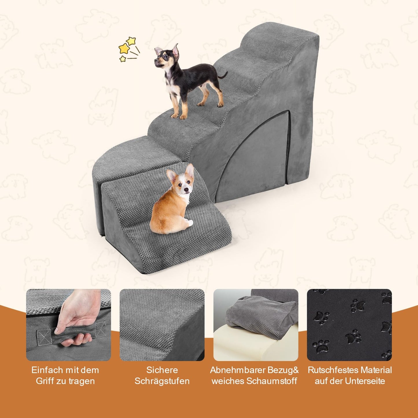 LitaiL Dog Stairs 74cm Tall for Boxspring Bed, Adjustable to Fit Each Side of Bed End, Multi-purpose Dog Ramp for Bed | Couch | Sofa, Non-slip Pet Stairs made of Foam for Dogs, Cats (Gray)
